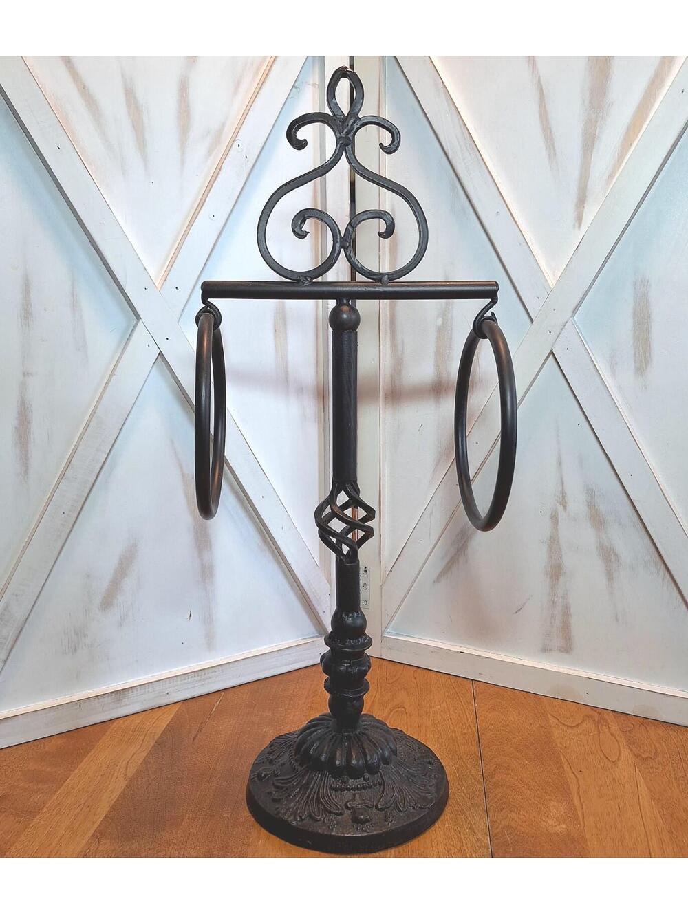 VTG Double Ring Hand Towel Holder Victorian Cast Iron Freestanding 22.25"H
